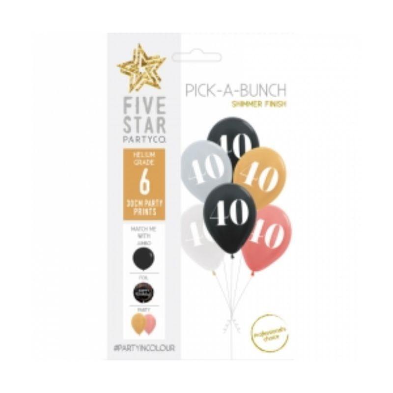 Pick-A-Bunch 6 Pack Assorted 40th Birthday Latex Balloons - 30cm - The Base Warehouse