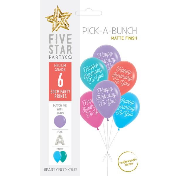 6 Pack Bright Pick-A-Bunch Happy Birthday To You - 30cm