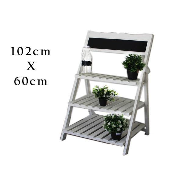 3 Tier White Vintage Wooden Shelf Black Board - 61cm x 50cm x 102cm