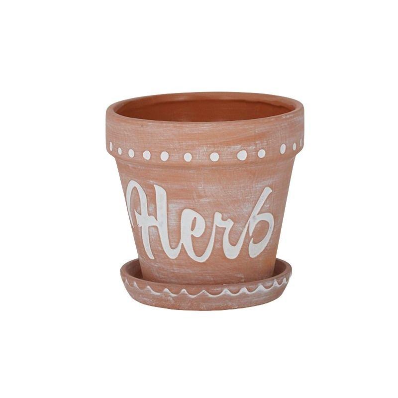 Herb Ceramic Pot with Saucer - 14cm x 12.5cm