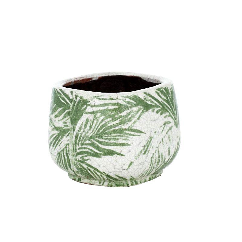 White / Green Floran Ceramic Pot - 13.5cm x 11.5cm