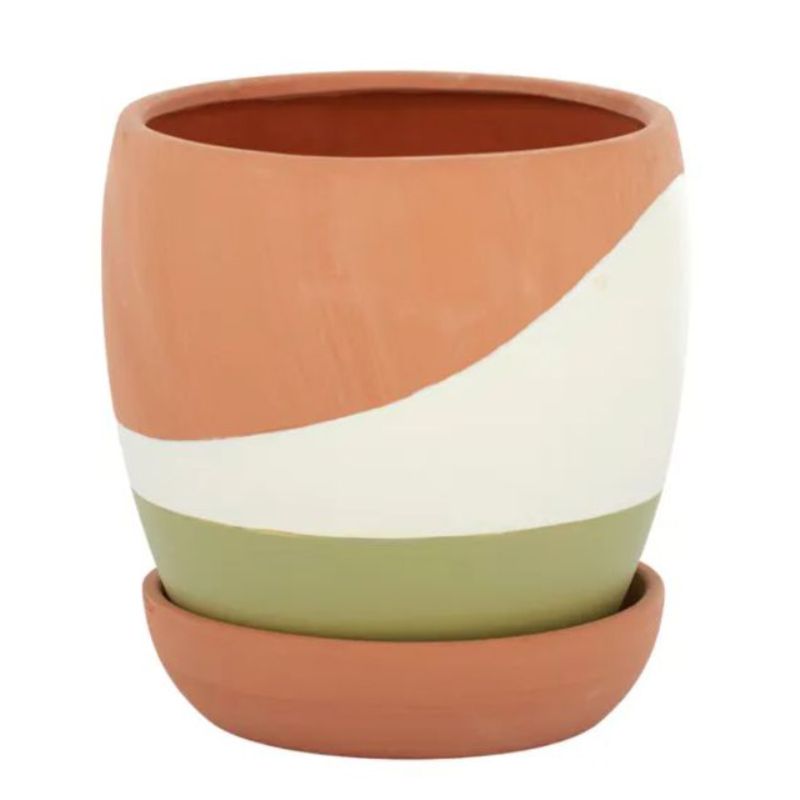 Green Spliced Ceramic Pot & Saucer - 14cm x 15cm