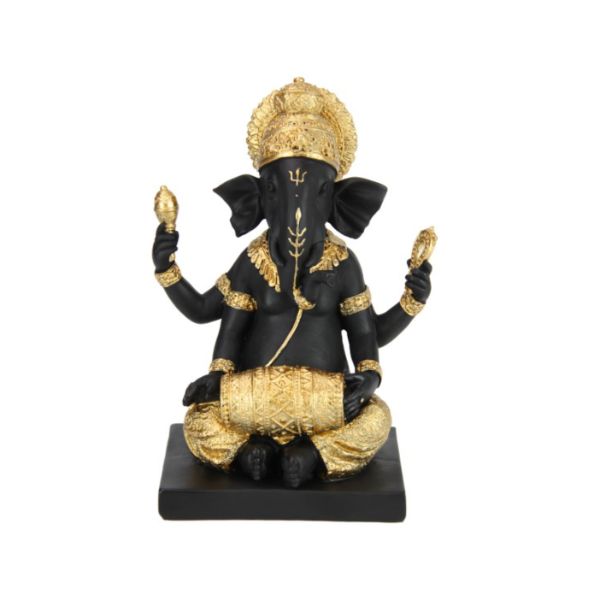 Black & Gold Ganesh With Drum - 24cm