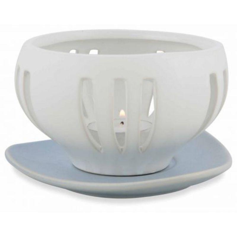 White Striated Candle Holder with Blue Dish - 12.5cm x 8cm