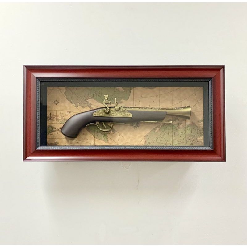 Antique Plastic Gun Timber Frame with Glass Face - 56cm x 27cm x 9.5cm