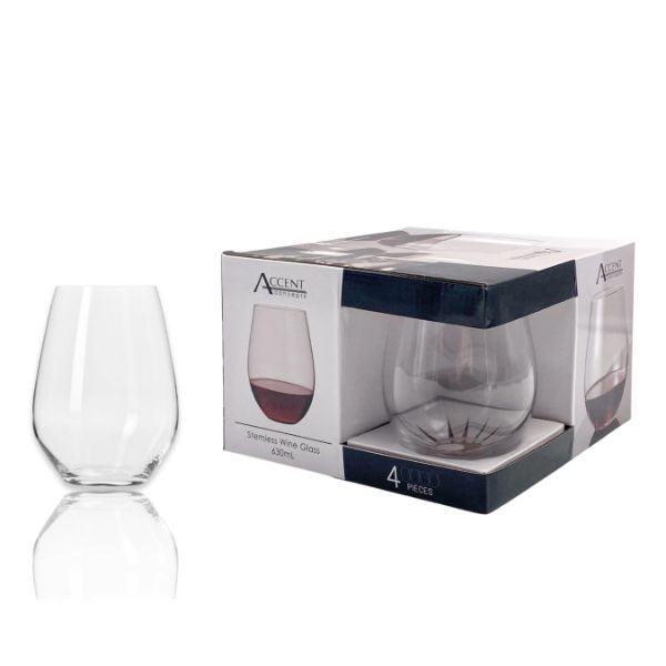 4 Pack Clear Stemless Wine Glasses - 630ml