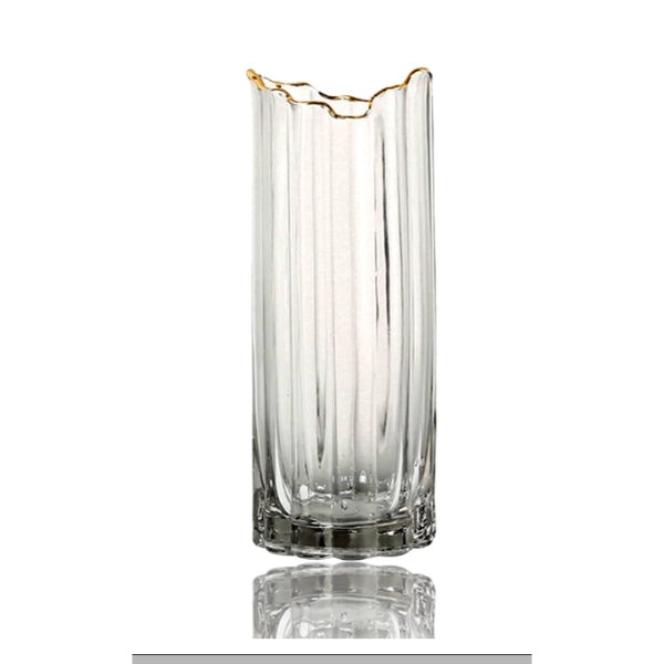 Glass Ribbed Vase With Gold Rim - 12cm x 30cm