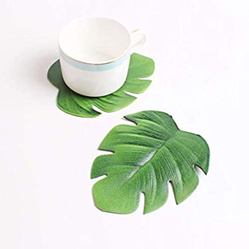 6 Pack Green Leaf Shape Hawaiian Coasters - 14CM