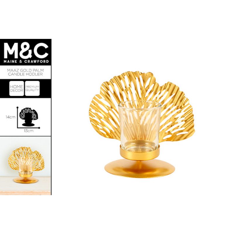 Maaz Gold Metal Palm Candle Holder - 14cm x 13cm x 10cm