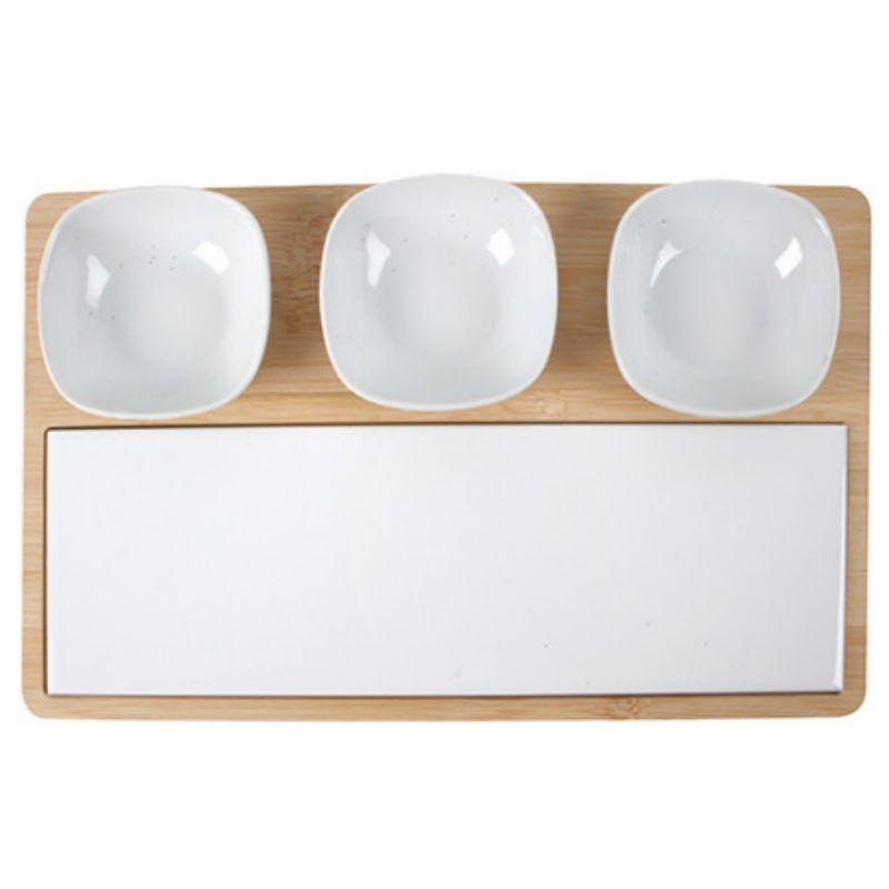 Blanche 5 Piece Bamboo Tapas Set with Ceramic Bowls - 32cm x 20cm x 4cm