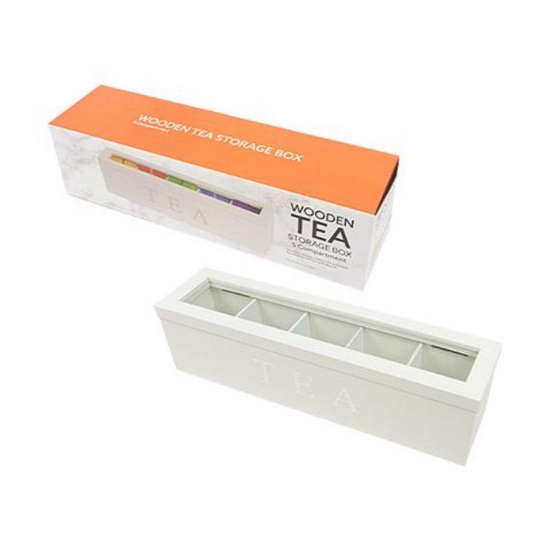 White Wood Tea Box - 5 Compartments