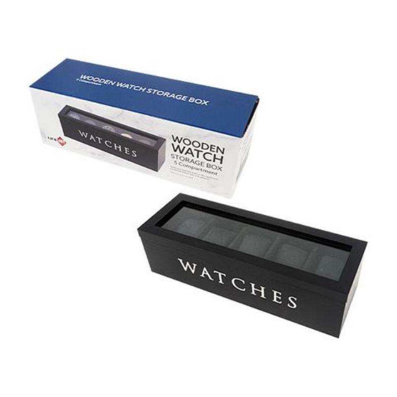 Black Wood Watch Box - 5 Compartments