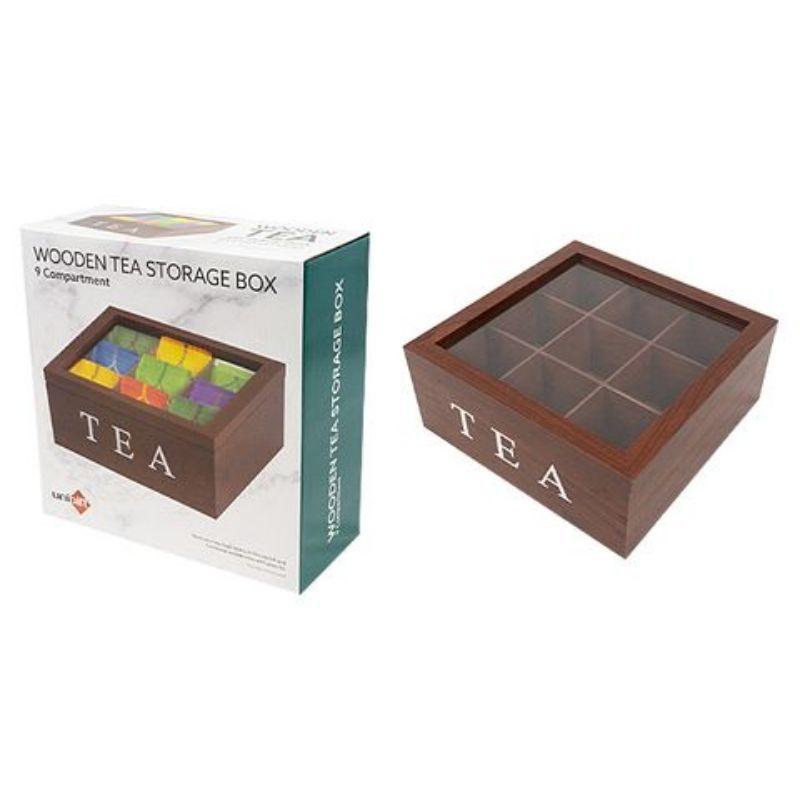 Brown Wood Tea Box - 9 Compartments