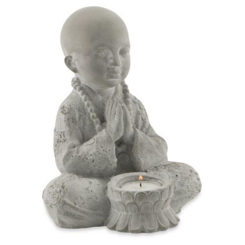 Baby Cement Buddha Candle Holder with One White T Lite Candle - 16cm x 14cm x 20cm