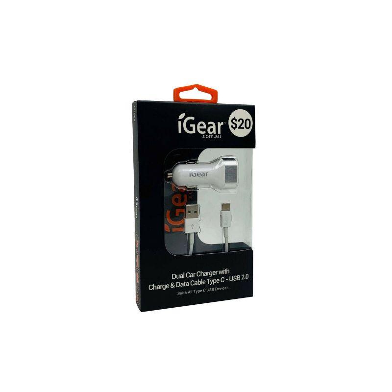iGear White 2USB Car Charge with Type C USB Cable - Suits All Type C USB Devices