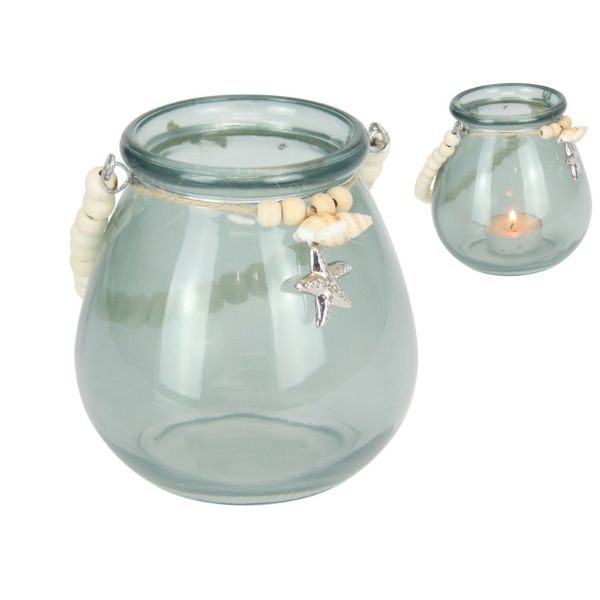 Aqua Glass Jar with Beaded Handle - 11cm