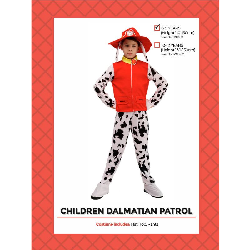 Kids Dalmatian Patrol Costume - Size 6-9 Years