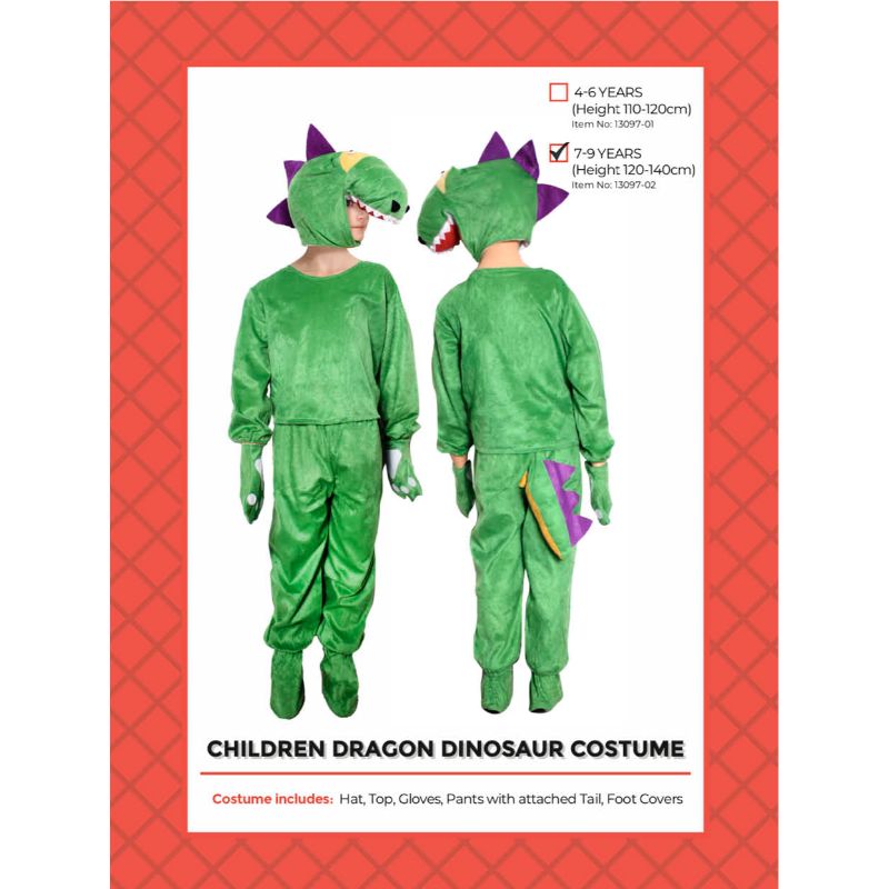 Kids Green Dinosaur Dragon Costume - Size 7-9 Years