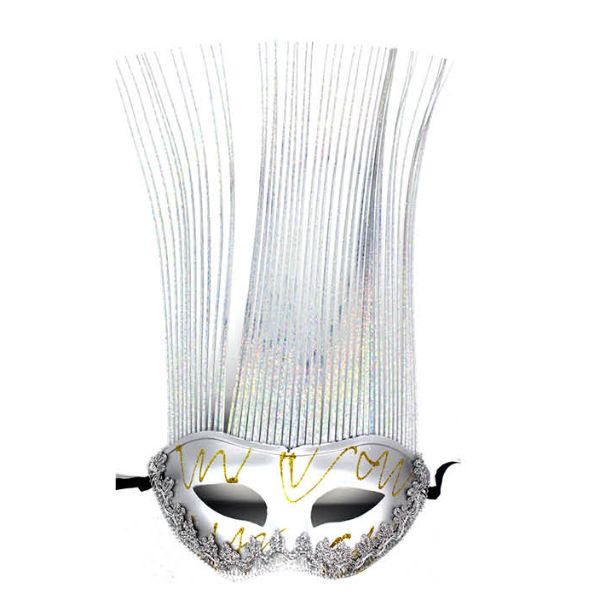 White Shiny Metallic Mask With Long Metallic Fringe