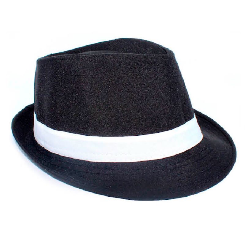 Black Trilby Fedora Hat With White Contrast Ribbon