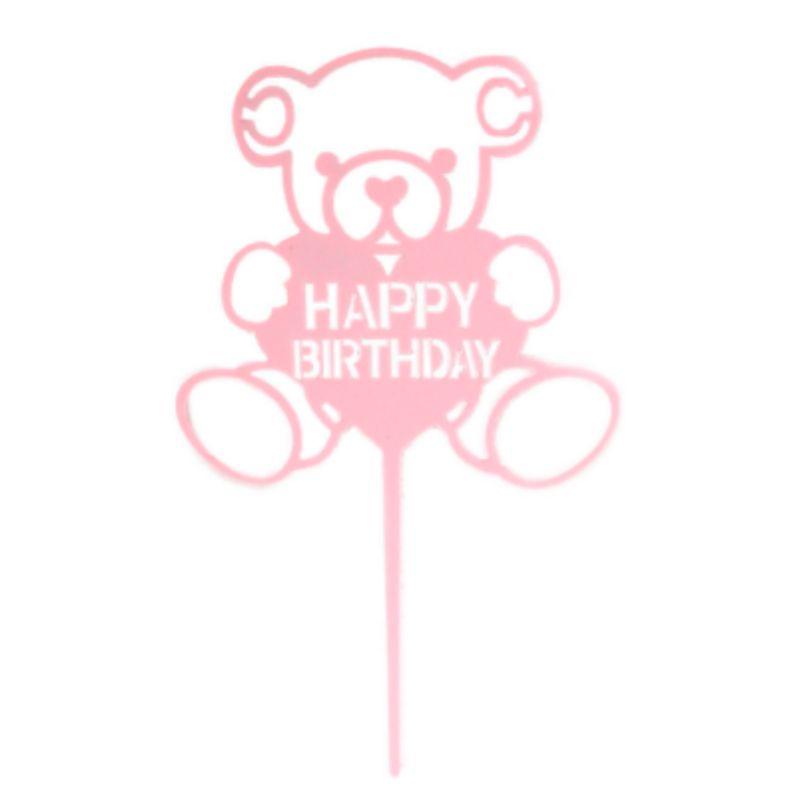 Pink Teddy Bear Happy Birthday Cake Topper - 15.5cm x 9.5cm