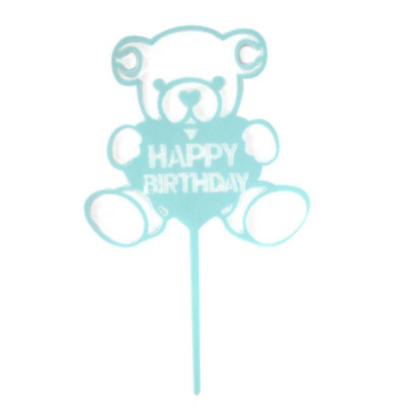 Blue Teddy Bear Happy Birthday Cake Topper - 15.5cm x 9.5cm