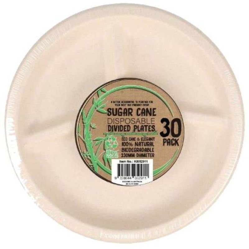 30 Pack Eco Friendly Sugarcane Party Divided Plate - 23cm