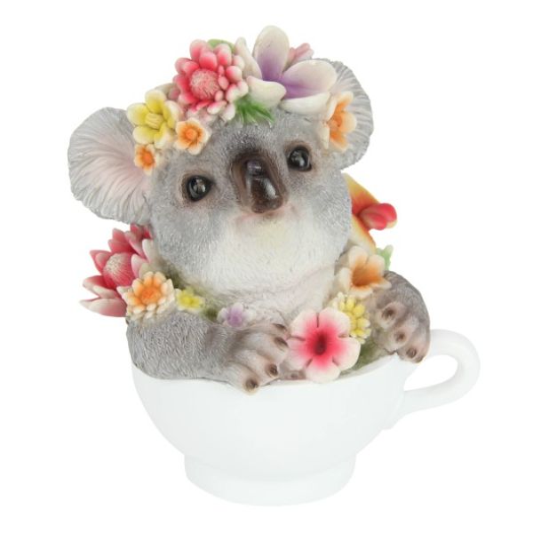 Cute Baby Koala In Teacup With Floral Design - 15cm