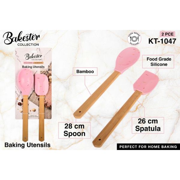 2 Pack Pink Silicone Bamboo Baking Utinsils