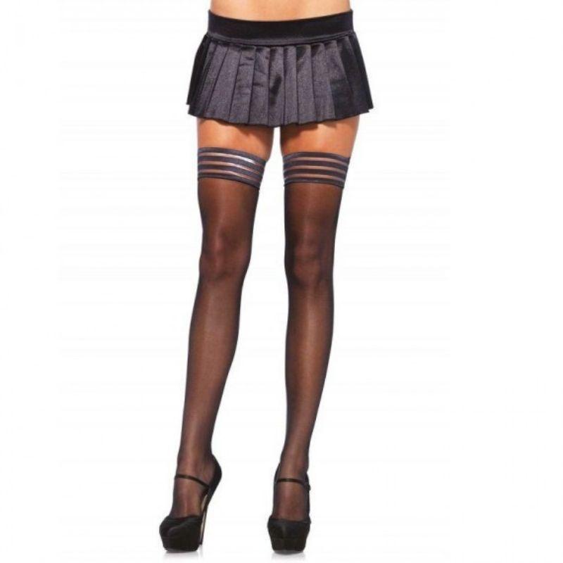 Black Spandex Sheer Thigh Highs with Striped Stay Up