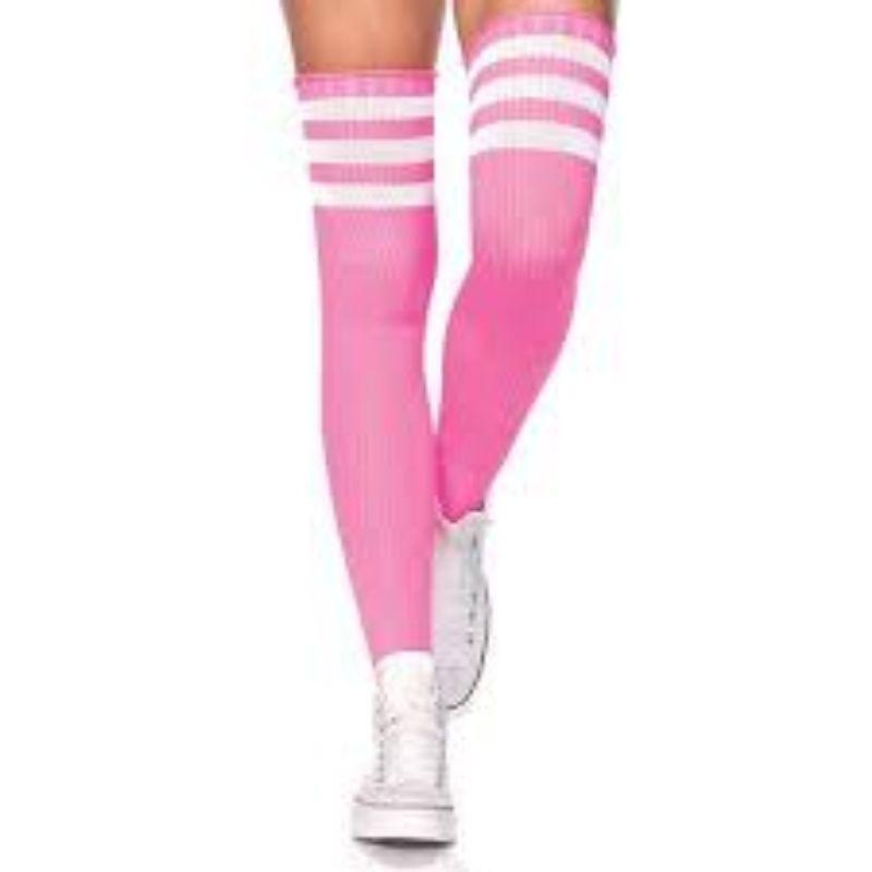 Neon Pink Athletic Thigh High with White Stripe Top