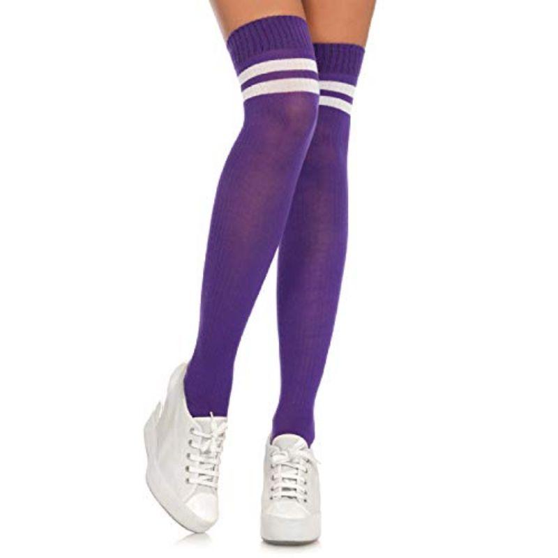 Purple & White Ribbed Athletic Thigh Highs