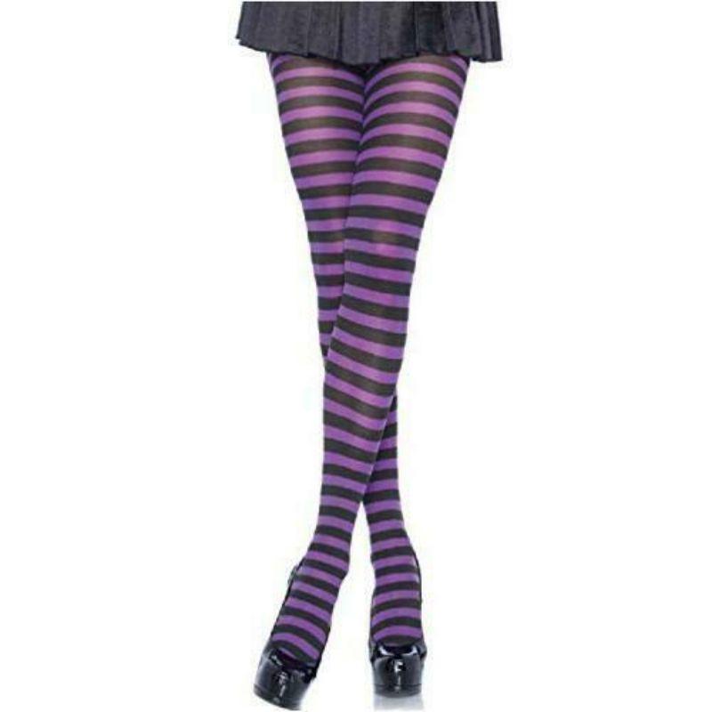 Black & Purple Stripe Nylon Tights - Plus Size
