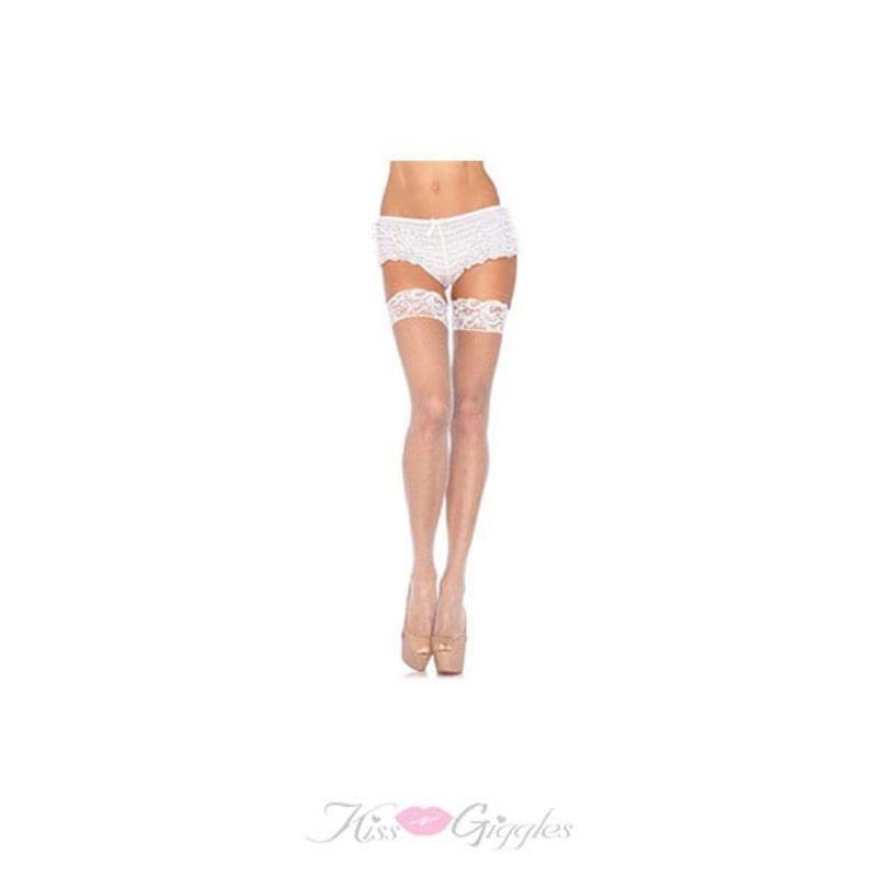 White Lycra Fishnet Thigh Highs with Stay Up Lace Top