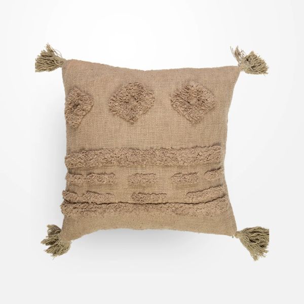 Light Brown Embellished Cotton Slub Cushion Prefilled With Insert - 45cm
