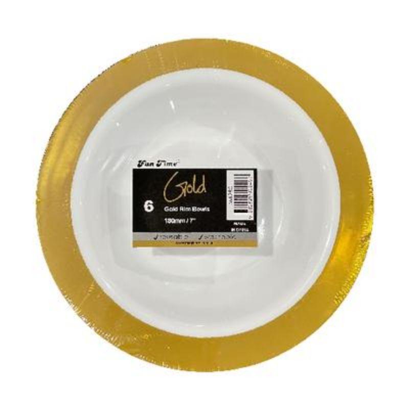 6 Pack Gold Rim Plastic Bowls - 180mm