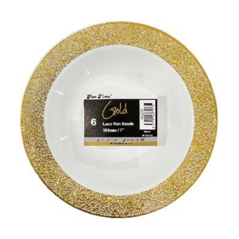 6 Pack Gold Lace Rim Plastic Bowls - 180mm