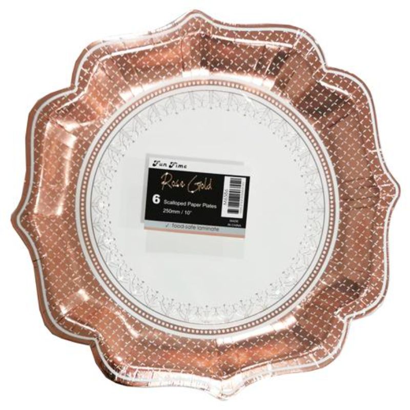 6 Pack Rose Gold Scallop Paper Plates - 26cm