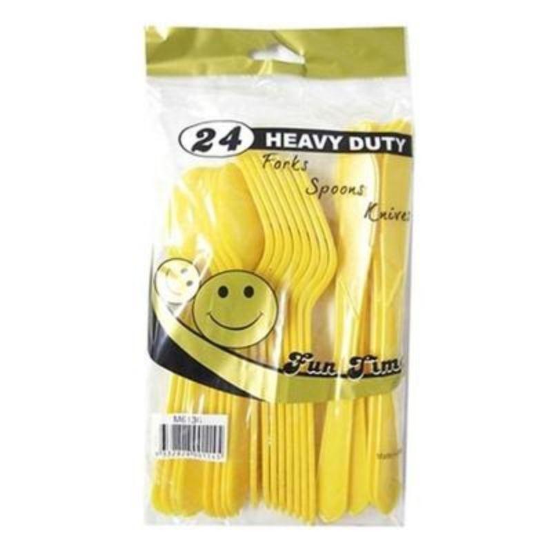 24 Pack Heavy Duty Yellow Cutlery Set - 8 x Knives, Forks & Spoons