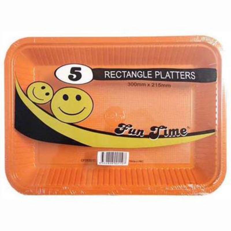 5 Pack Orange Plastic Rectangle Platters - 300mm x 215mm