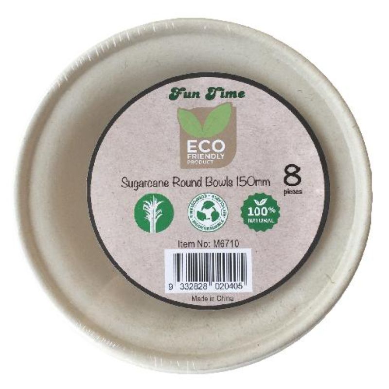8 Pack Sugarcane Eco Friendly Compostable & Biodegradable Bowls - 15cm
