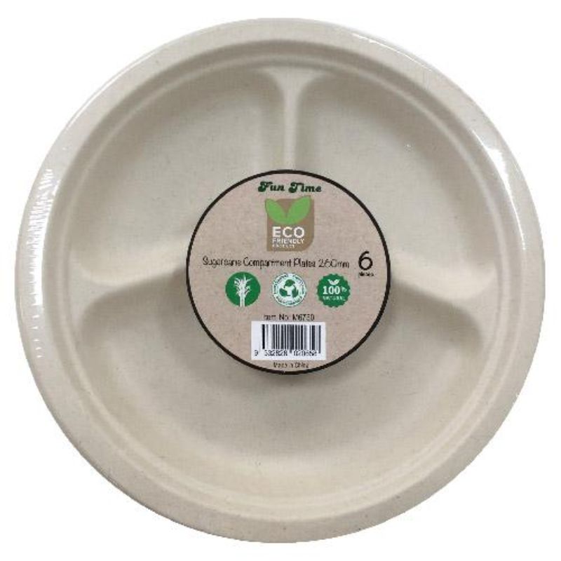 6 Pack 3-Compartment Sugarcane Eco-friendly Plates - 26cm