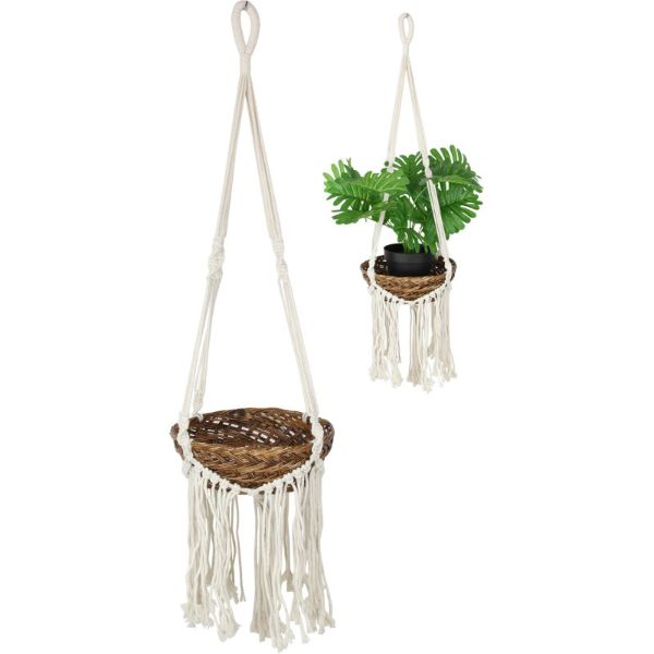 Single Macrame and Rattan Pot Holder with Tassels - 85cm