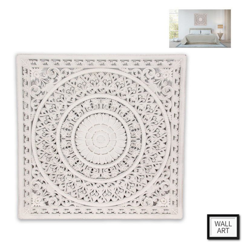 Square Mandala Design Lattice Wall Art in Carved Boho White - 79cm