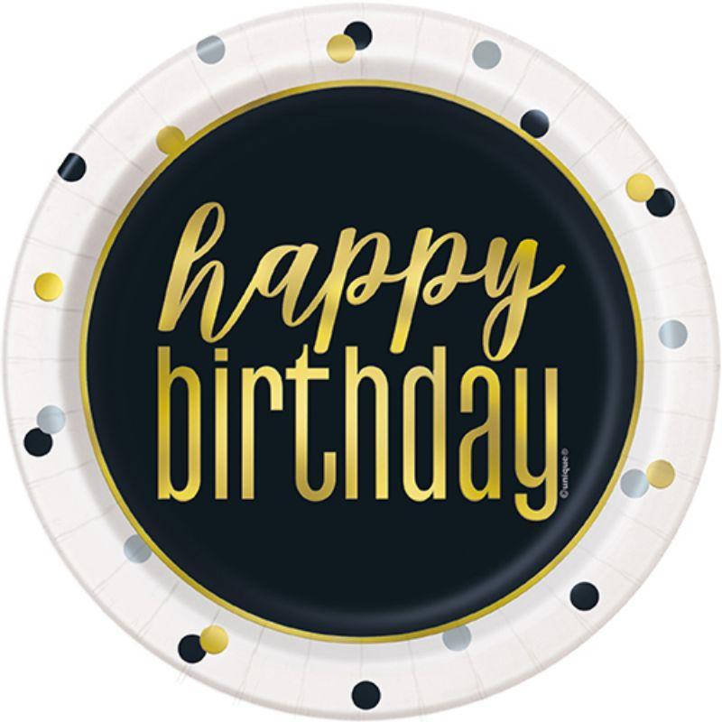 8 Pack Metallic Happy Birthday Paper Plates - 16cm