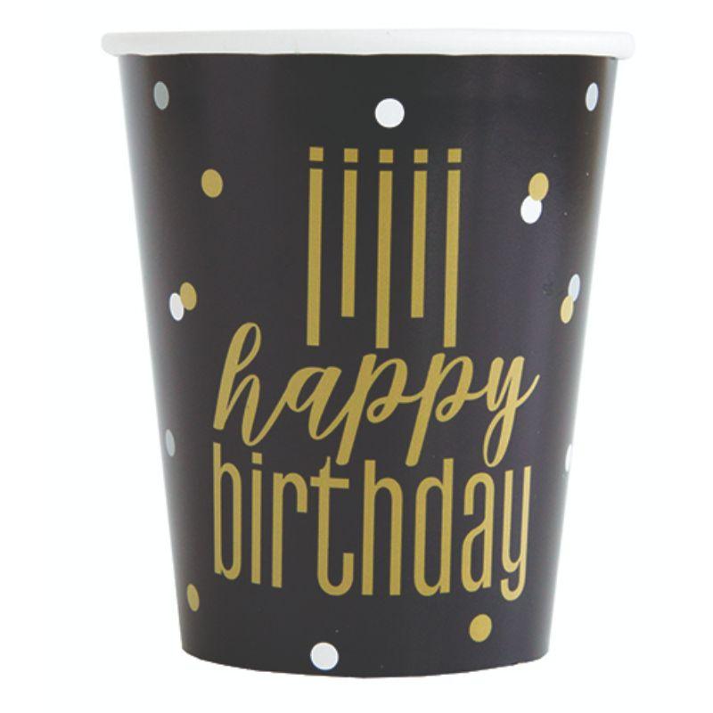 8 Pack Metallic Happy Birthday Paper Cups - 270ml