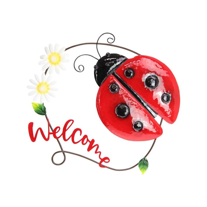 Red Ladybug with Welcome Sign Metal Wall Art - 39cm