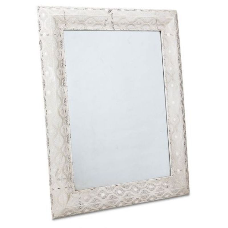 Antique White Filigree Metal Rectangular Wall Mirror - 74cm x 95cm x 6cm