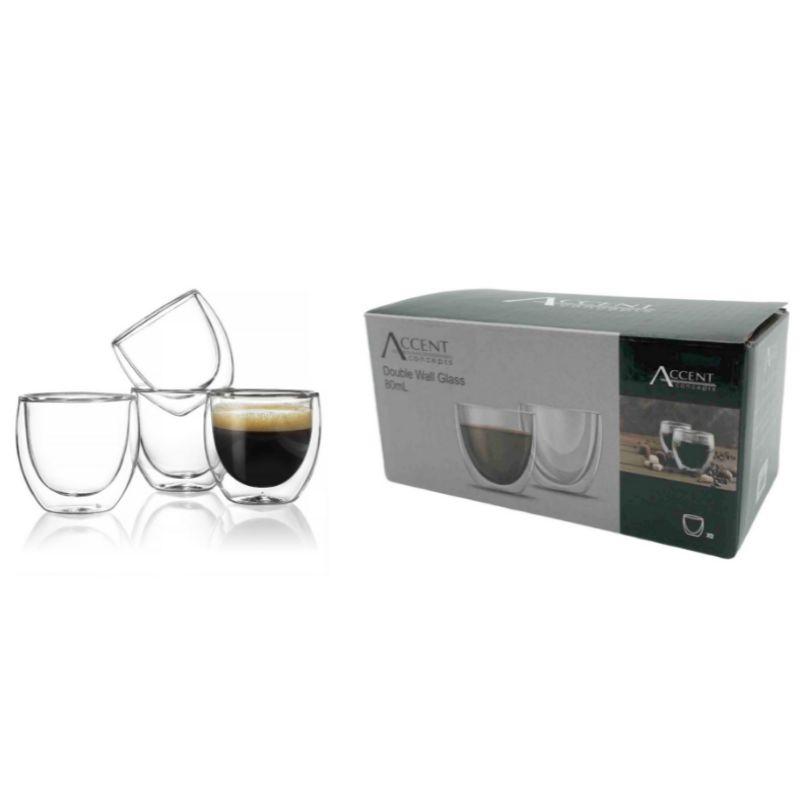 2 Pack Double Wall Glass Coffee Mug - 80ml