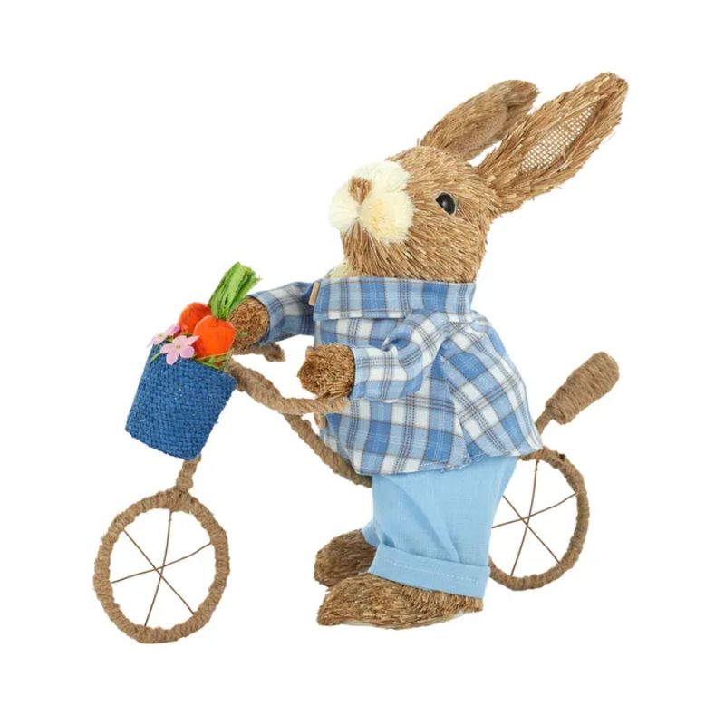 Blue Tom Straw Bunny with Bicycle - 30cm x 16cm x 30cm